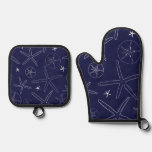 Navy Blue Starfish &amp; Sand Dollar Oven Mitt &amp; Pot Holder Set