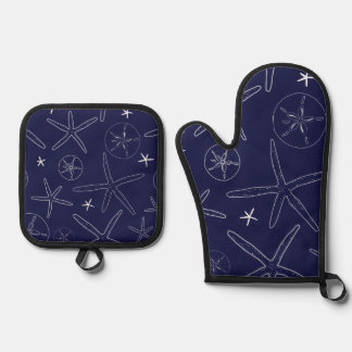 Navy Blue Starfish & Sand Dollar Oven Mitt & Pot Holder Set