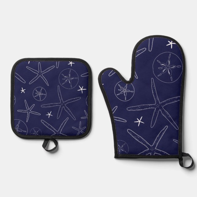 Navy Blue Starfish & Sand Dollar Oven Mitt & Pot Holder Set (Front)