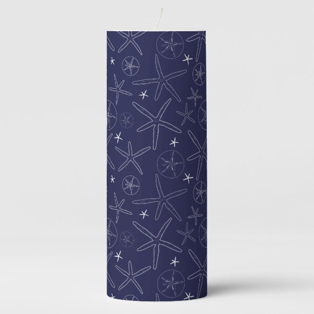 Navy Blue Starfish & Sand Dollar Pillar Candle (Front)