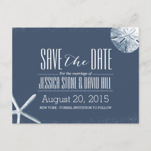Navy Blue Starfish & Sand Dollar Save the Date Announcement Postcard