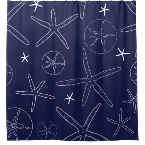 Navy Blue Starfish  Sand Dollar Shower Curtain