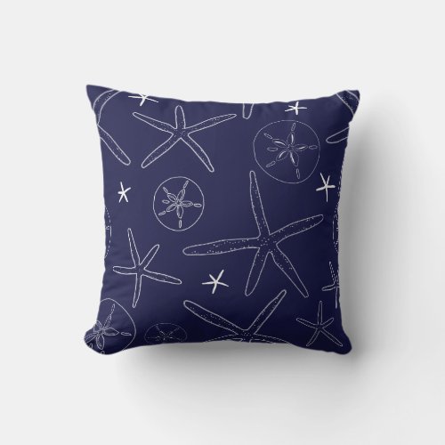 Navy Blue Starfish  Sand Dollar Throw Pillow