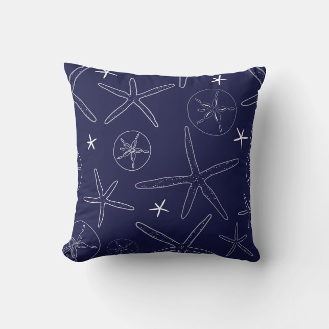 Navy Blue Starfish & Sand Dollar Throw Pillow (Front)
