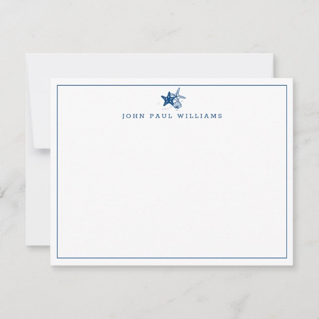 Navy Blue Starfish Shell Coastal Nautical Border Note Card (Front)