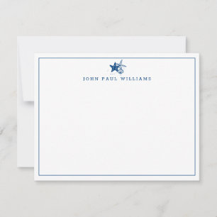Navy Blue Starfish Shell Coastal Nautical Border Note Card