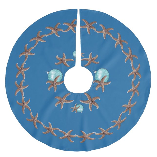 Navy Blue Starfish Wreath Christmas Tree Skirt (Front)