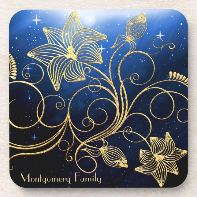 Navy Blue Starry Galaxy Gold Floral Family Name Beverage Coaster (Front)