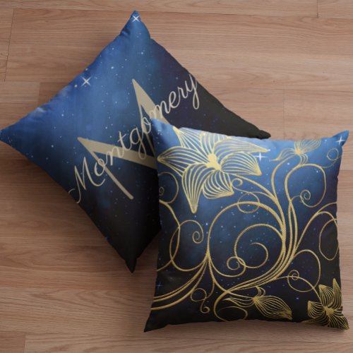 Navy Blue Starry Galaxy Gold Floral  Monogram Name Throw Pillow