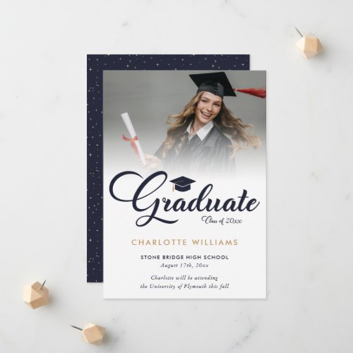 Navy Blue Starry Night Photo Graduation Announcement