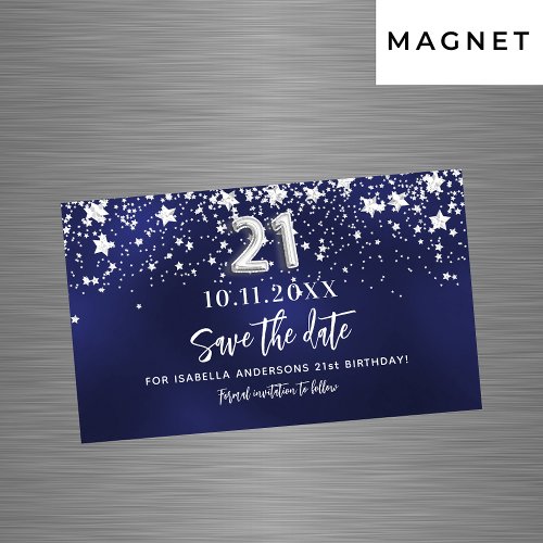 Navy blue stars 21st birthday Save the Date magnet