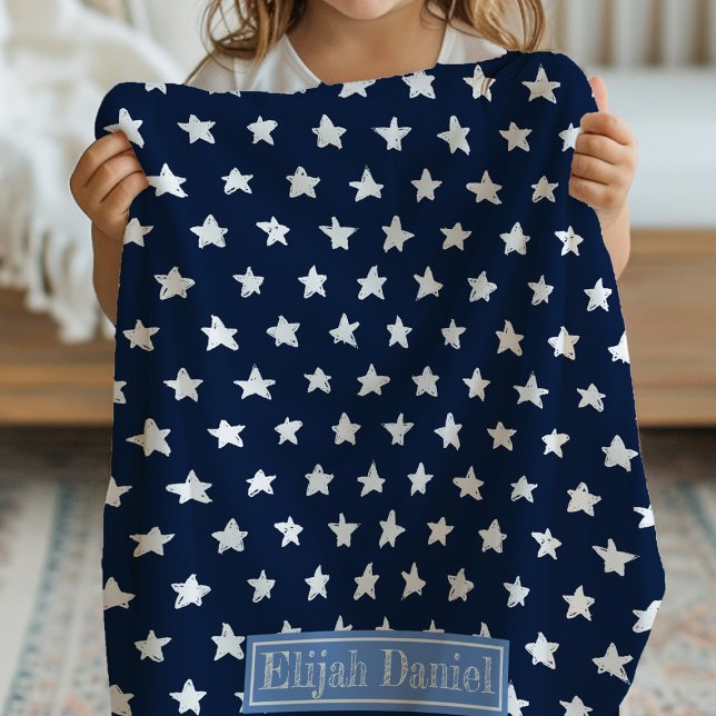 Navy Blue Stars Add Your Own Name Baby Blanket (Custom Name Baby Blanket)