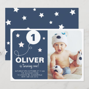 Navy Blue   Stars and Balloons Kids Photo Birthday Invitation