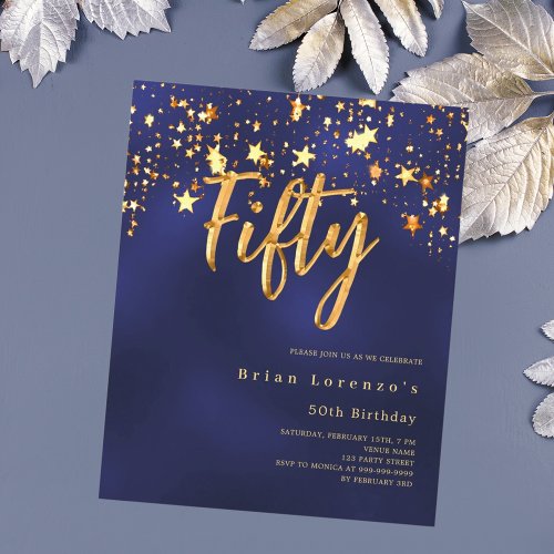 Navy blue stars budget 50th birthday invitation