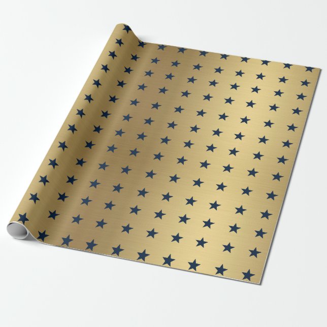 Navy Blue Stars Pattern on Metallic Gold Wrapping Paper (Unrolled)