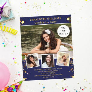Navy blue stars photo graduation party invitation