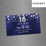 Navy blue stars Sweet 16 Save the Date magnet<br><div class="desc">A modern and elegant Save the Date magnet for a Sweet 16, 16th birthday party. A navy blue background decorated with faux silver stars. Personalize and add a date and name. The blue color is uneven. The text: Save the Date is written with a large trendy hand lettered style script....</div>