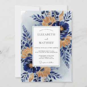 Navy Blue Stately Botanical Wedding Invitation