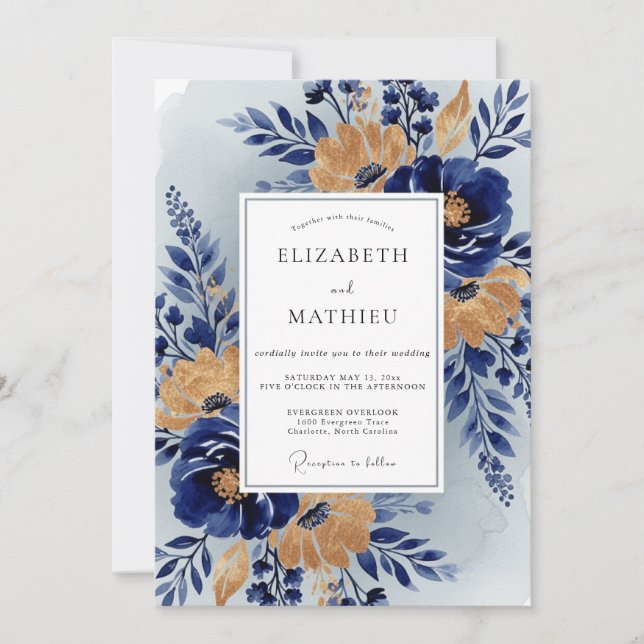 Navy Blue Stately Botanical Wedding Invitation (Front)