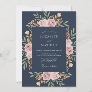 Navy Blue Stately Rose Wedding Invitation