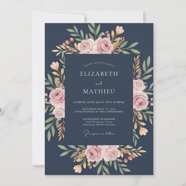 Navy Blue Stately Rose Wedding Invitation (Front)