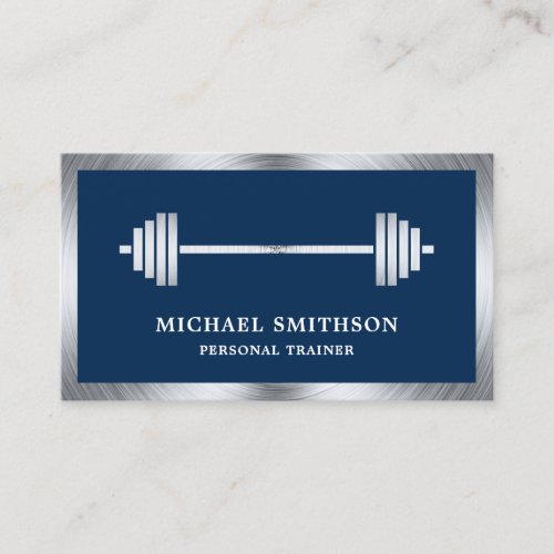 Navy Blue Steel Barbell Fitness Personal Trainer Business Card