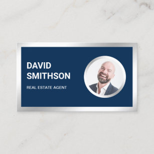 Navy Blue Steel Silver Photo Real Estate Agent Business Card