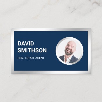 Navy Blue Steel Silver Photo Real Estate Agent Business Card by ShabzDesigns at Zazzle
