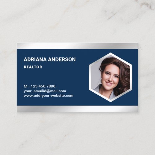 Navy Blue Steel Silver Real Estate Photo Realtor Business Card