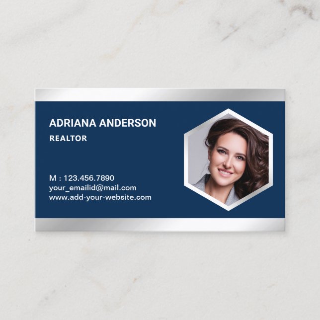 Navy Blue Steel Silver Real Estate Photo Realtor Business Card (Front)