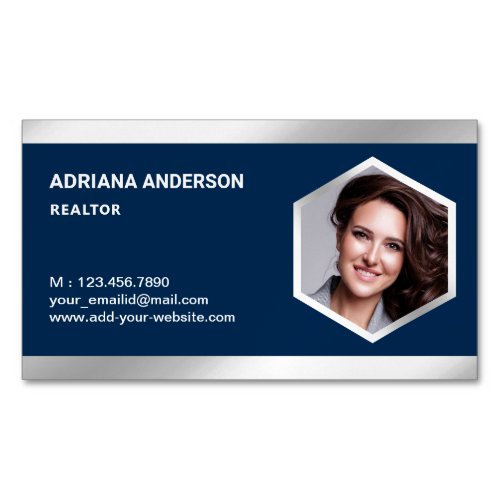 Navy Blue Steel Silver Real Estate Photo Realtor Business Card Magnet