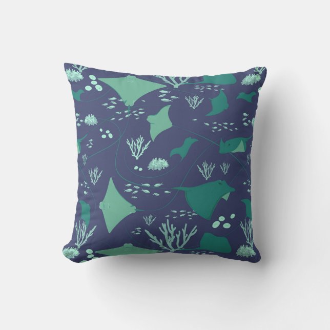 Navy Blue Stingrays and Manta Rays Throw Pillow (Front)