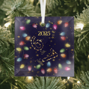 Navy Blue String Christmas Lights Gold Star 6 7  Glass Ornament