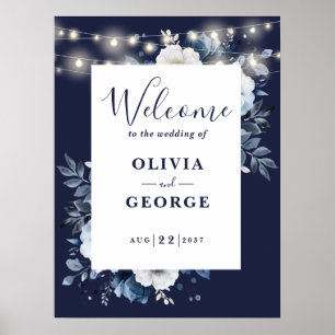 Navy Blue String Light Floral Wedding Welcome Sign