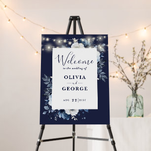 Navy Blue String Light Floral Wedding Welcome Sign