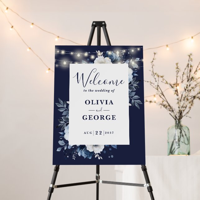 Navy Blue String Light Floral Wedding Welcome Sign (In Situ (Stand))