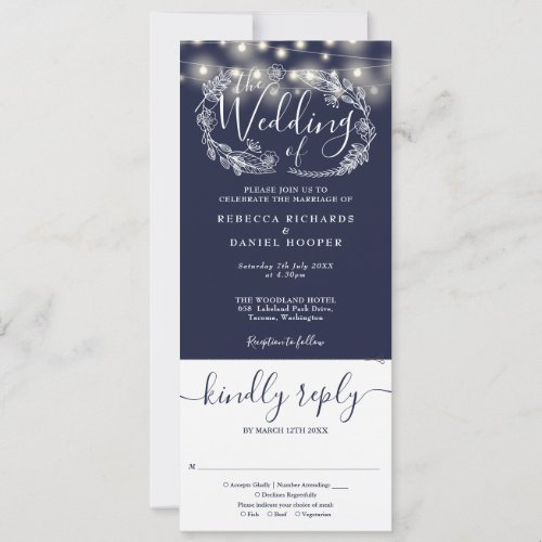 Navy Blue String Lights All In One Wedding Invitation