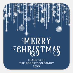 Navy Blue String Lights Christmas Party Favor Square Sticker