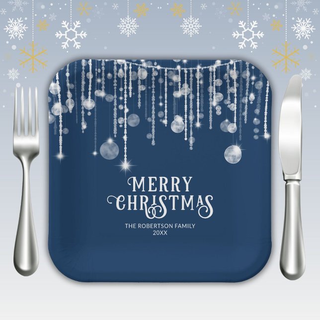 Navy Blue String Lights Christmas Party Paper Plates (Creator Uploaded)