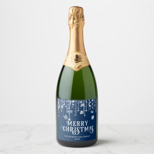 Navy Blue String Lights Christmas Party Sparkling Wine Label