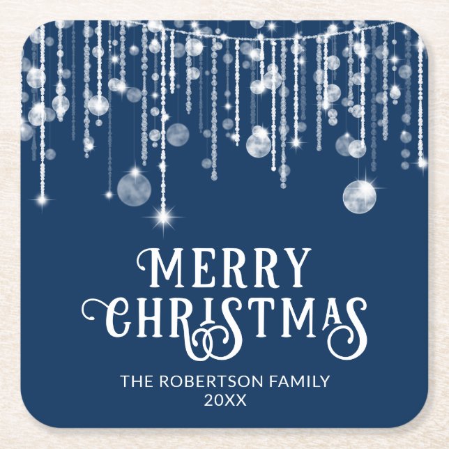Navy Blue String Lights Christmas Party Square Paper Coaster (Front)