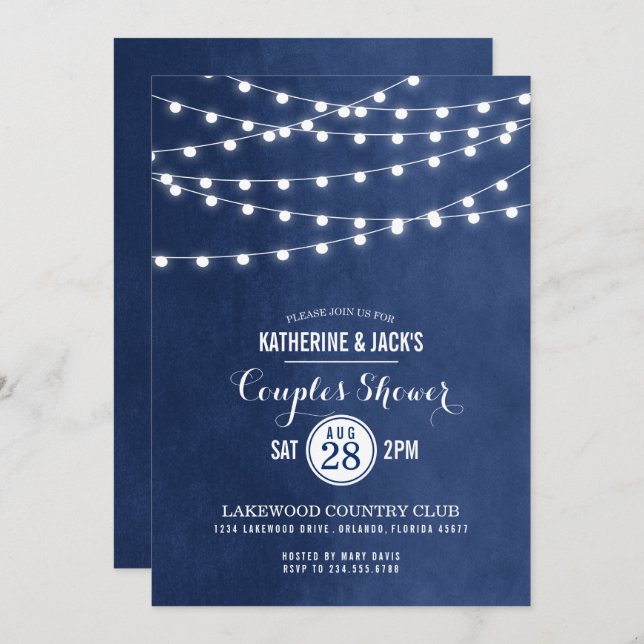 Navy Blue String Lights Couples Shower Invitation (Front/Back)