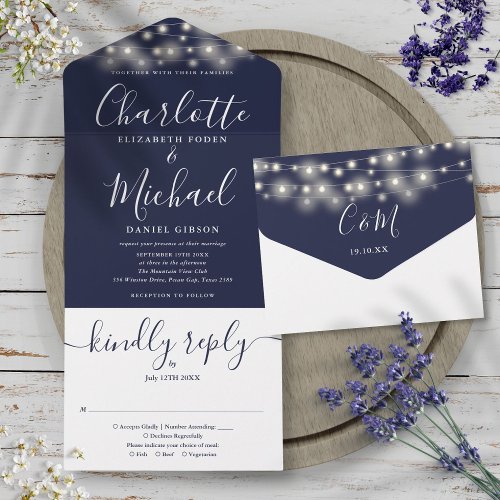 Navy Blue String Lights Elegant Script Wedding All In One Invitation