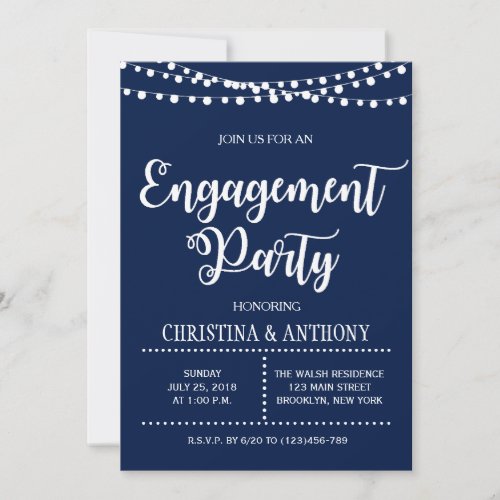 Navy Blue String Lights Engagement Invitation