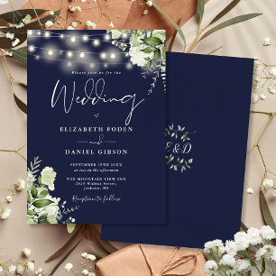 Navy Blue String Lights Floral Monogram Wedding Invitation
