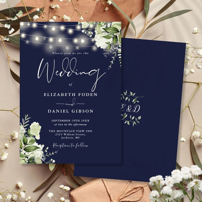 Navy Blue String Lights Floral Monogram Wedding Invitation (Navy Blue String Lights Floral Monogram Wedding Invitation)