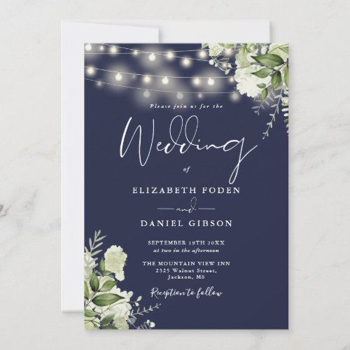 Navy Blue String Lights Floral Monogram Wedding Invitation