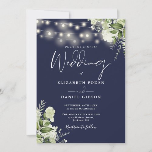 Navy Blue String Lights Floral QR Code Wedding Invitation