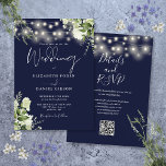 Navy Blue String Lights Floral QR Code Wedding Invitation<br><div class="desc">This elegant navy blue wedding invitation,  featuring pretty string lights and floral greenery,  can be personalized with your information in chic typography with your wedding website details and your QR code on the reverse. Designed by Thisisnotme©</div>