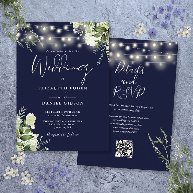 Navy Blue String Lights Floral QR Code Wedding Invitation (Navy Blue String Lights Floral QR Code Wedding Invitation)